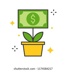 dollar bill tree icon, business and investment concept, editable stroke outline