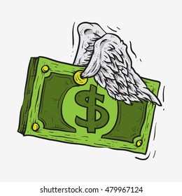 a dollar bill with two wings flying high colored sketch line art
