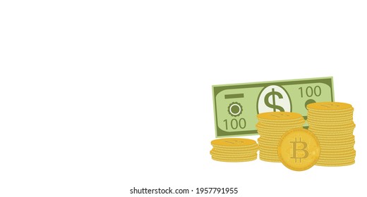 Dollar bill and virtual bitcoin coins isolated on white background. Flat modern design concept of currency exchange or money investment. Bitcoin and dollar banner with text space.