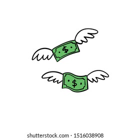 Dollar bill with wings doodle. Flying money. Hand drawn illustration.