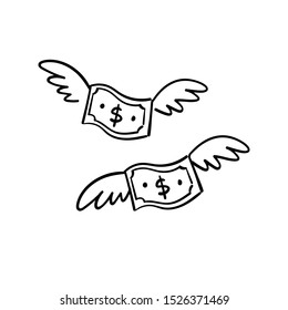 Dollar bill with wings doodle. Flying money. Hand drawn illustration.