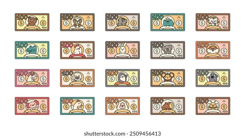 Dollar bills with animals. Different monetary banknotes. Hand drawn style. Vector drawing. Collection of design elements.