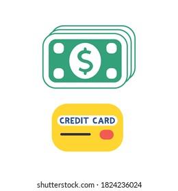 Dollar bills banknotes stack and credit card isolated flat vector icons, cash money, loan, wages funds payment or atm withdrawal.