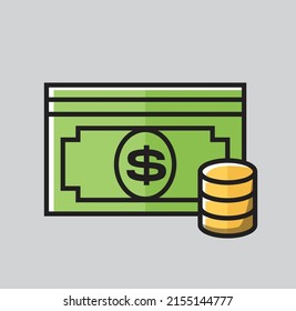 billetes en dólares, monedas en dólares, para: actividades de pago, transacciones, compra y venta, venta, retirada de efectivo y comisiones. ilustración de vector ico