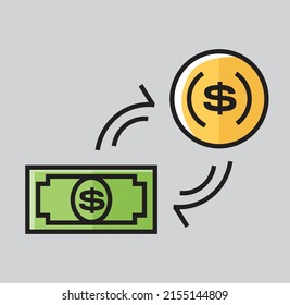 dollar bills, dollar coins, for: payment activities, transactions, buying and selling, selling, withdrawing cash and fees . vector ico illustration
