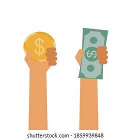 Dollar bills and coins in hand.