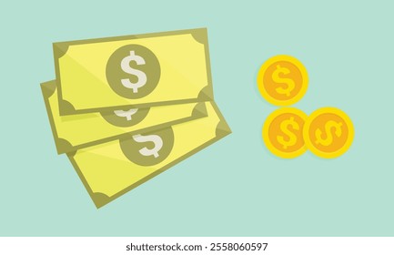 Dollar bills and coins vector illustration. Business or economics concept background