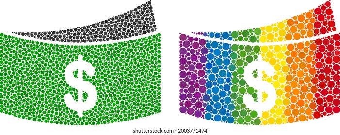 Dollar bills collage icon of spheric blots in variable sizes and rainbow multicolored color tones. A dotted LGBT-colored dollar bills for lesbians, gays, bisexuals, and transgenders.