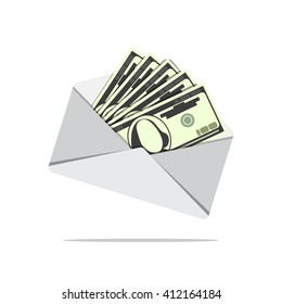 Dollar bills in envelope. Cartoon design. Flat icon. Send money concept