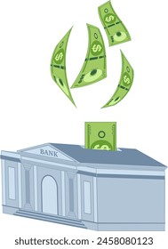 Billetes en dólares que caen en el banco para la ilustración del concepto de ahorro