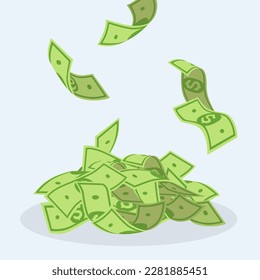 Dollar bills falling into pile vector illustration. Cartoon drawing of cash, banknotes or money falling in heap. Business, economy, budget, wealth, success concept