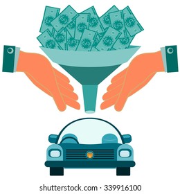 Dollar bills falling through a funnel in hand over the car. Buying a car, spending on travel, investment in transport.
