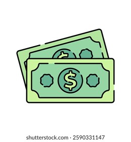 Dollar Bills, flat design illustration, stack of money, symbolizing economy, perfect for finance and business themes.