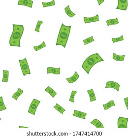 Dollar bills flying, illustrated money seamless pattern. Money rain.