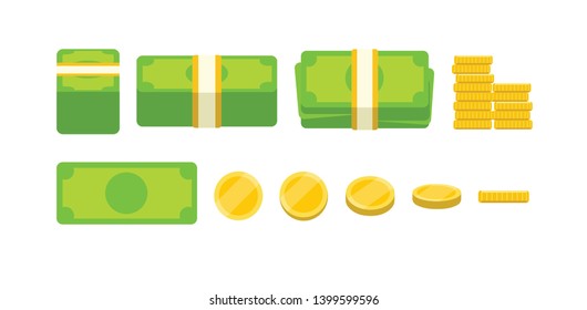 Dollar bills and golden coins set