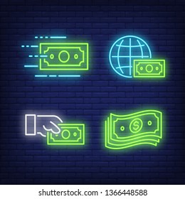 Dollar bills, hand and earth globe neon signs set. Money, finance and banking design. Night bright neon sign, colorful billboard, light banner. Vector illustration in neon style.