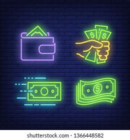 Dollar Bills, Hand And Wallet Neon Signs Set. Money, Finance And Banking Design. Night Bright Neon Sign, Colorful Billboard, Light Banner. Vector Illustration In Neon Style.