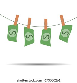 Dollar bills hanging on rope attached with clothes pins. Money-laundering concept illustration of finance and business