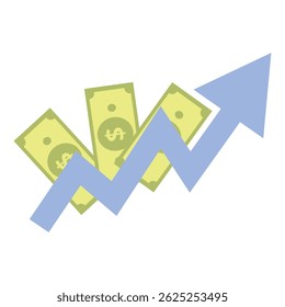 As cédulas de dólar aumentam de valor seguindo a tendência de alta indicada por uma seta azul sobre fundo branco