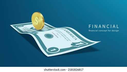 Dollar Bills Lie On The Floor And Gold Coin Stand On Top Of Dollar Bills And All Object On Blue Dark Background,vector 3d For Business,money,and Finacial Concept Design