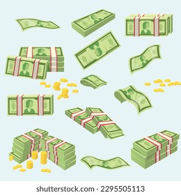 Dollar bills Money and coins set piles of cash stacks of green paper banknotes isolated on white flat illustration