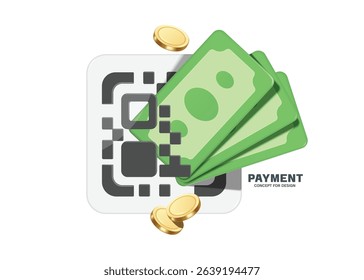 Dollar bills or money are placed next to QR code and gold coins are placed on elephant to represent paying with an online wallet by scanning QR code, vector 3d illustration isolated for financial