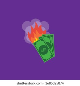 dollar bills on fire,burning dollar bills .Conceptual vector illustration in flat style design.Isolated on background.