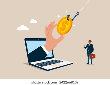 Dollar bills on a fishing hook. Lottery winning, making money concepts. Flat vector illustration