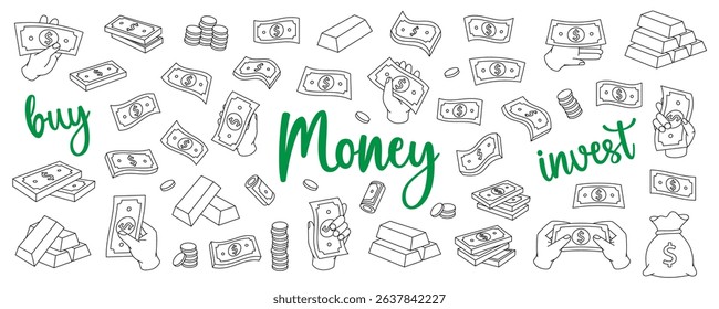 Dollar bills outline set. Flying cash, banknotes, stack of money, dollar bills, gold coins and bars. Money investment. Cash paper currency.