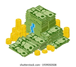 Dollar bills pile. Stacked money, green dollar cash and gold coins, money finance success. Heap dollar bills vector illustration