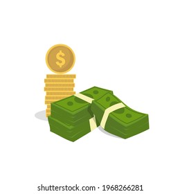 Dollar bills pile. Stacked money, green dollar cash and gold coins, money finance success. Heap dollar bills vector illustration