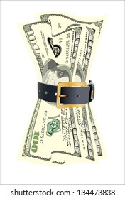 dollar bills squeezed by leather belt on a white background