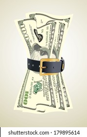 dollar bills squeezed by leather belt 