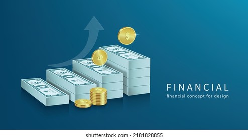 Dollar bills are stacked from low to high as arrow points up and gold coins are rolling up on them to convey a successful investment,vetor 3d on blue background for money,business,financial concept