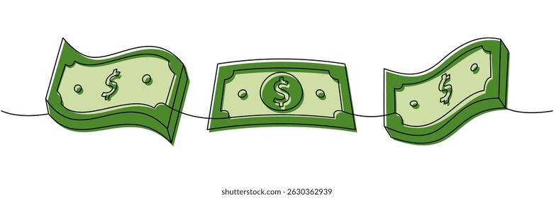 Dollar bills stacks one line colored continuous drawing. Money investment and finance. Vector illustration.