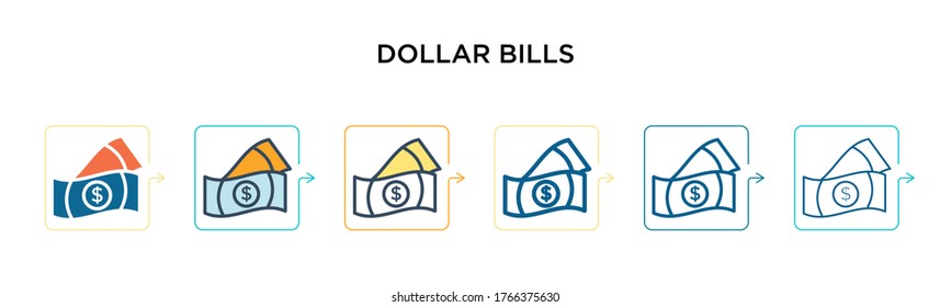 Dollar bills vector icon in 6 different modern styles. Black, two colored dollar bills icons designed in filled, outline, line and stroke style. Vector illustration can be used for web, mobile, ui