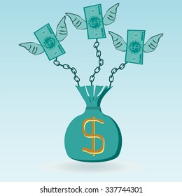 Dollar bills with wings chained to the money bag, can not leave. The character of taxes, debts, stagnation.