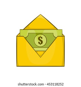 Dollar bills in yellow paper envelope icon in cartoon style on a white background