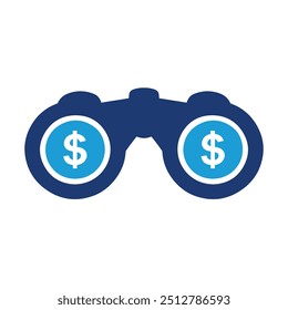 Ícone de binóculos de dólar que representam planejamento financeiro, ideias de investimento e estratégia econômica