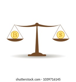 Dollar and bitcoin balance, cryptocurrency technology concept. Vector illustration.