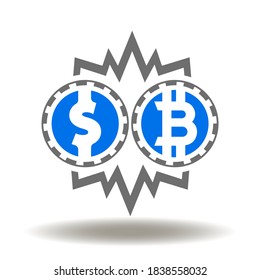 Dollar bitcoin coins collision icon vector. Traditional old general paper money versus virtual crypto currency sign. Finance Exchange Symbol.