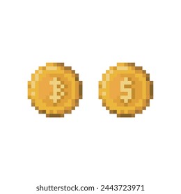Monedas de dólar y bitcoin, objeto de arte pixel