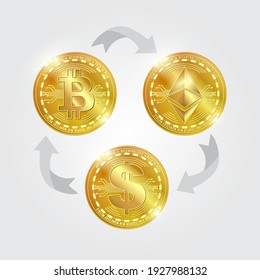 Dollar to bitcoin currency exchange. Bitcoin exchange with bitcoin coin symbol and sign of other currencies. Cryptocurrency technology. Vector illustration