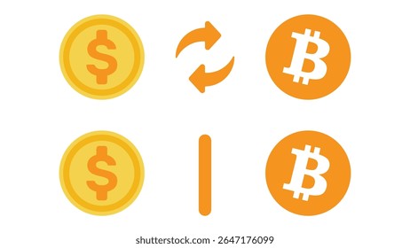 Dollar zu Bitcoin Währungsumtausch flaches Vektorsymbol, Dollar und Bitcoin Vergleich. Vektorgrafik im flachen Designstil