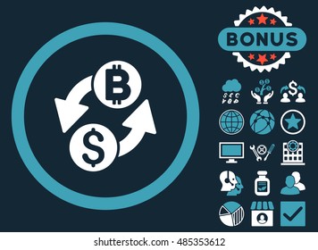 Dollar Bitcoin Exchange icon with bonus pictures. Vector illustration style is flat iconic bicolor symbols, blue and white colors, dark blue background.