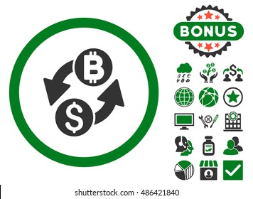 Dollar Bitcoin Exchange icon with bonus design elements. Vector illustration style is flat iconic bicolor symbols, green and gray colors, white background.