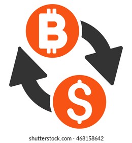 Dollar Bitcoin Exchange icon. Vector style is bicolor flat iconic symbol with rounded angles, orange and gray colors, white background.