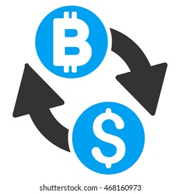 Dollar Bitcoin Exchange icon. Vector style is bicolor flat iconic symbol with rounded angles, blue and gray colors, white background.