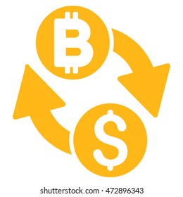 Dollar Bitcoin Exchange icon. Vector style is flat iconic symbol with rounded angles, yellow color, white background.