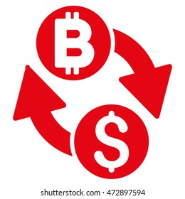 Dollar Bitcoin Exchange icon. Vector style is flat iconic symbol with rounded angles, red color, white background.